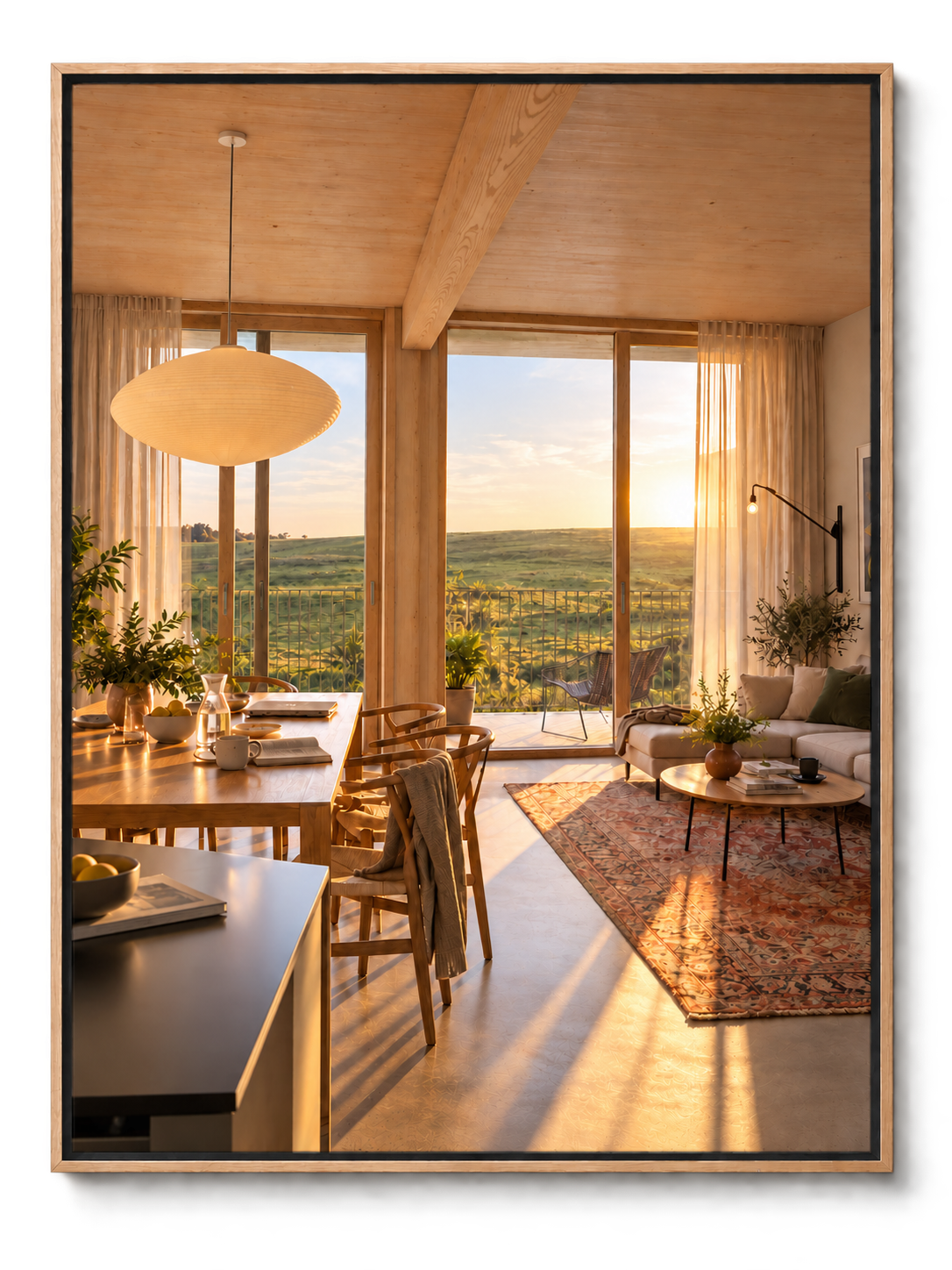 Living y comedor con vista a cerros al atardecer