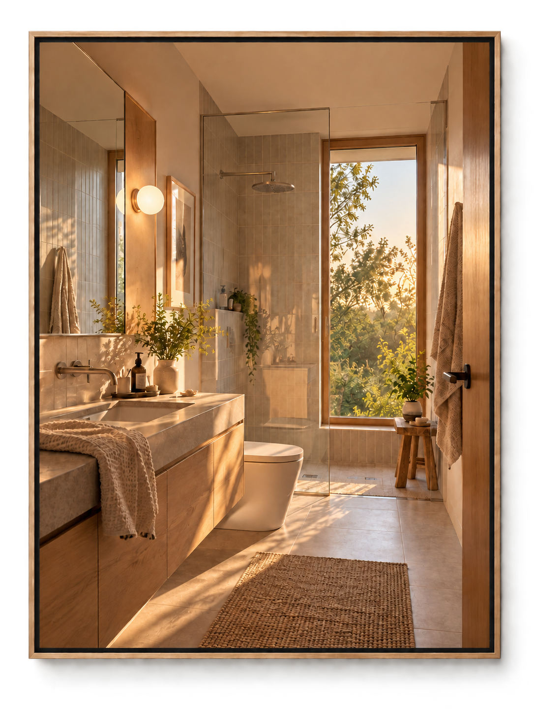 Baño con luz natural y vista a árboles