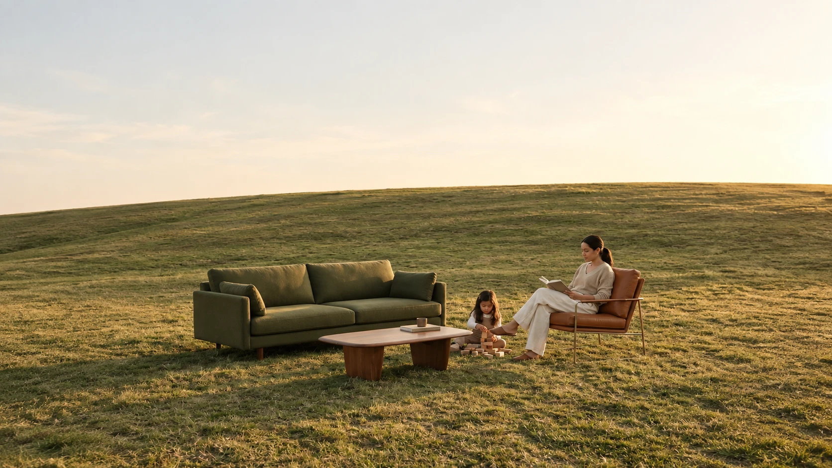 Living exterior VÍZAR, sofá y sillón en un cerro al atardecer